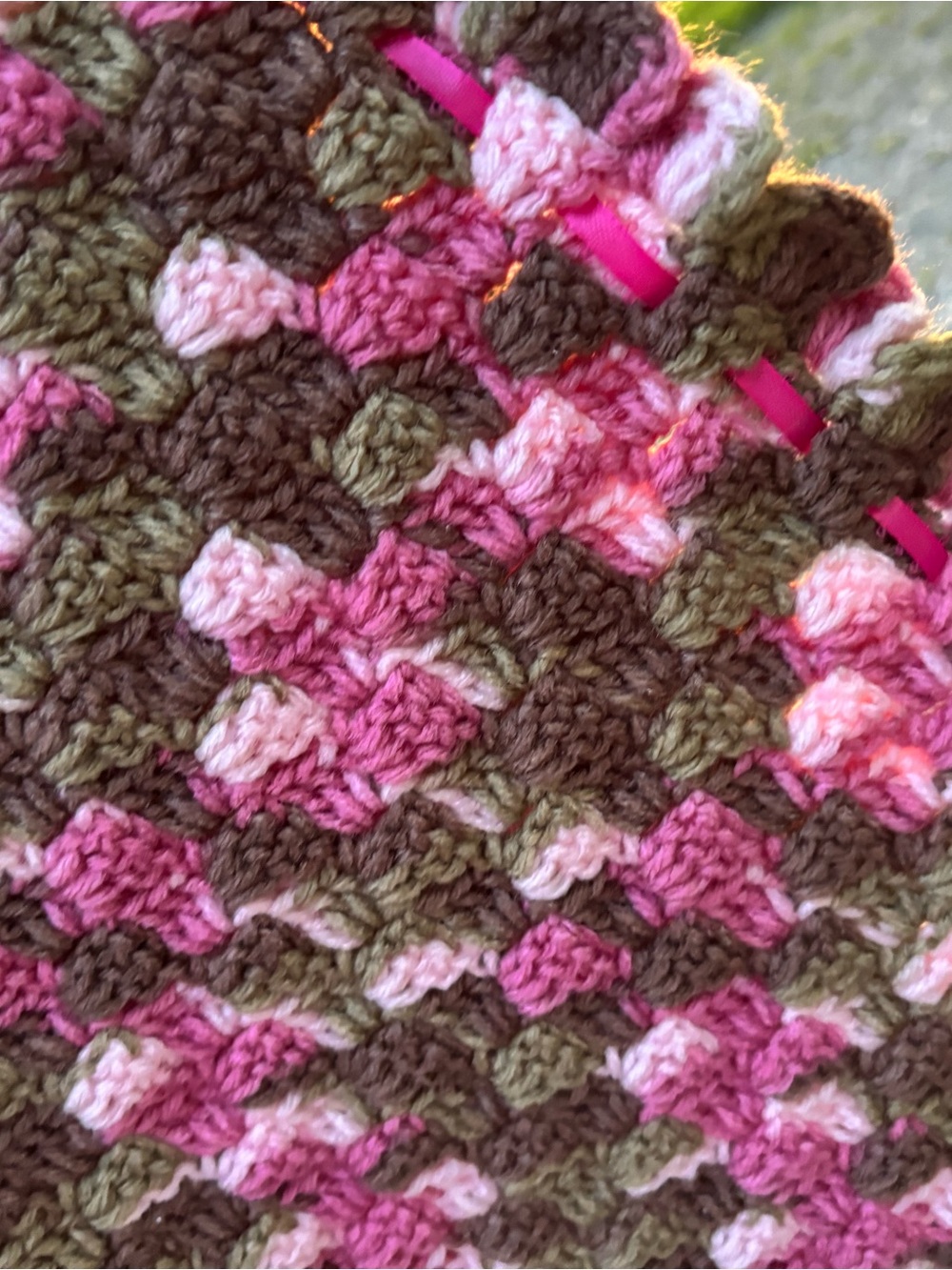 Handmade Pink and Brown Crochet Throw Baby Blanket Afghan Pink Ribbon Baby Girl - Picture 3 of 5